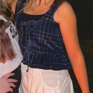 American Eagle Navy Plaid Tie Top